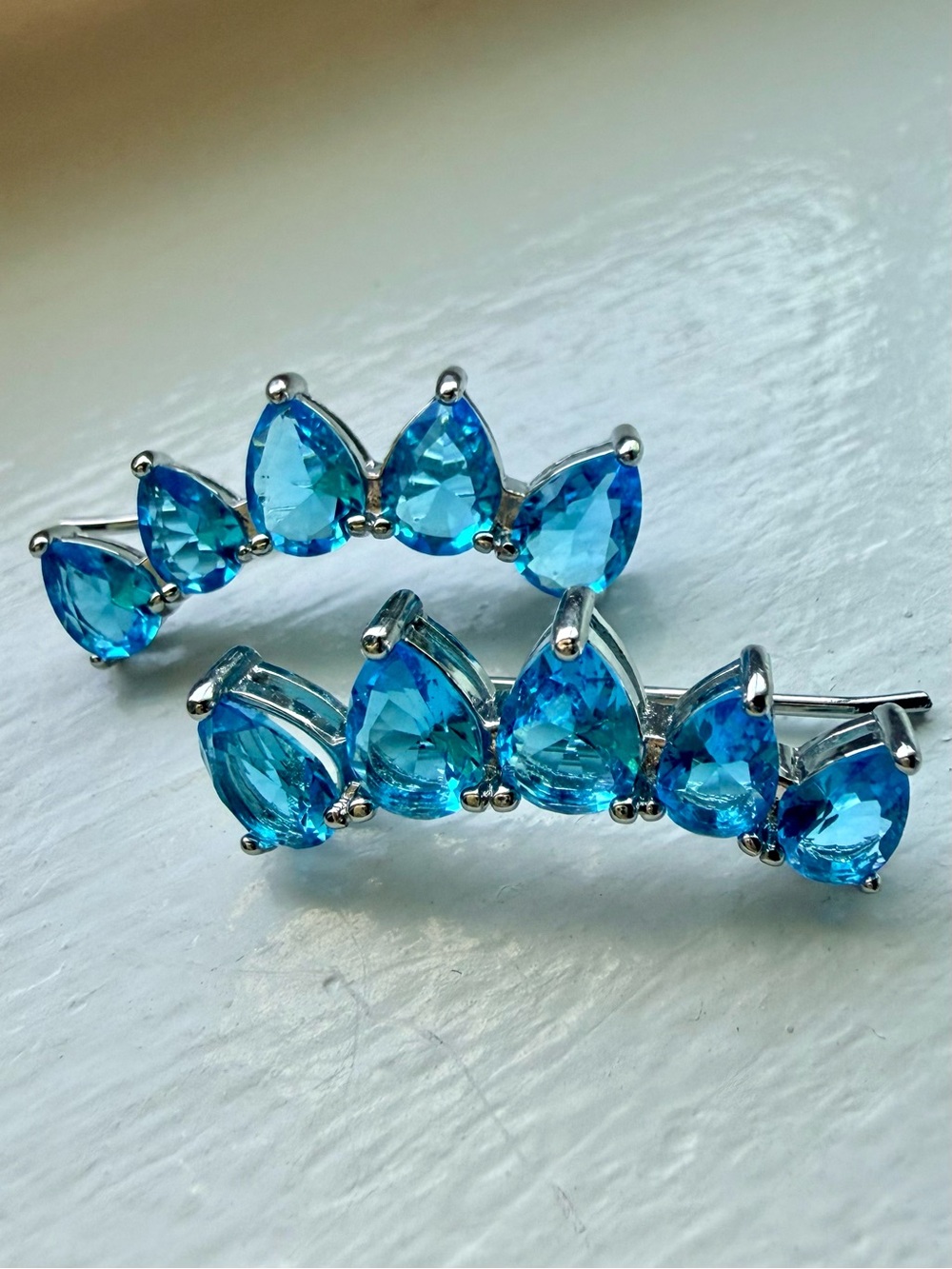 NEW!! 14k White Gold Plated Blue Teardrop Crystal Ear Climbers/Crawlers